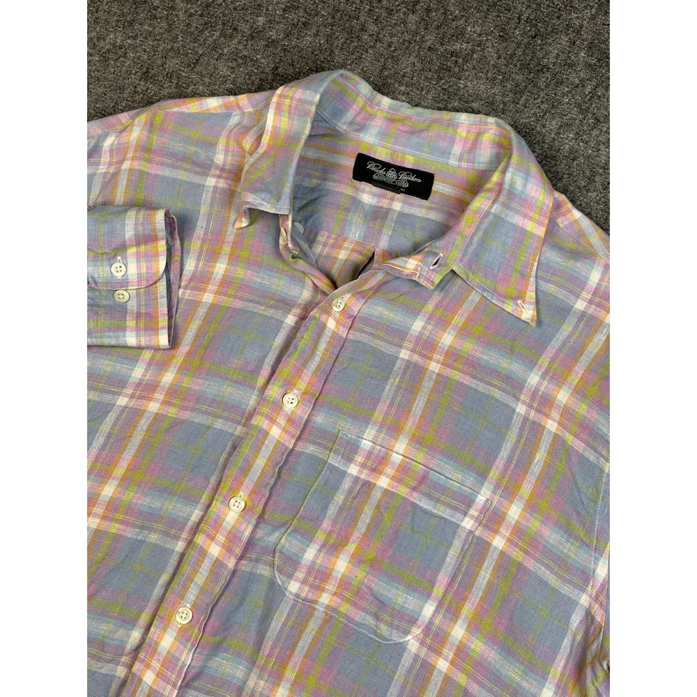 BROOKS BROTHERS Country Club Shirt Men's 100% Linen‎ Made in USA Plaid Size XL/L
